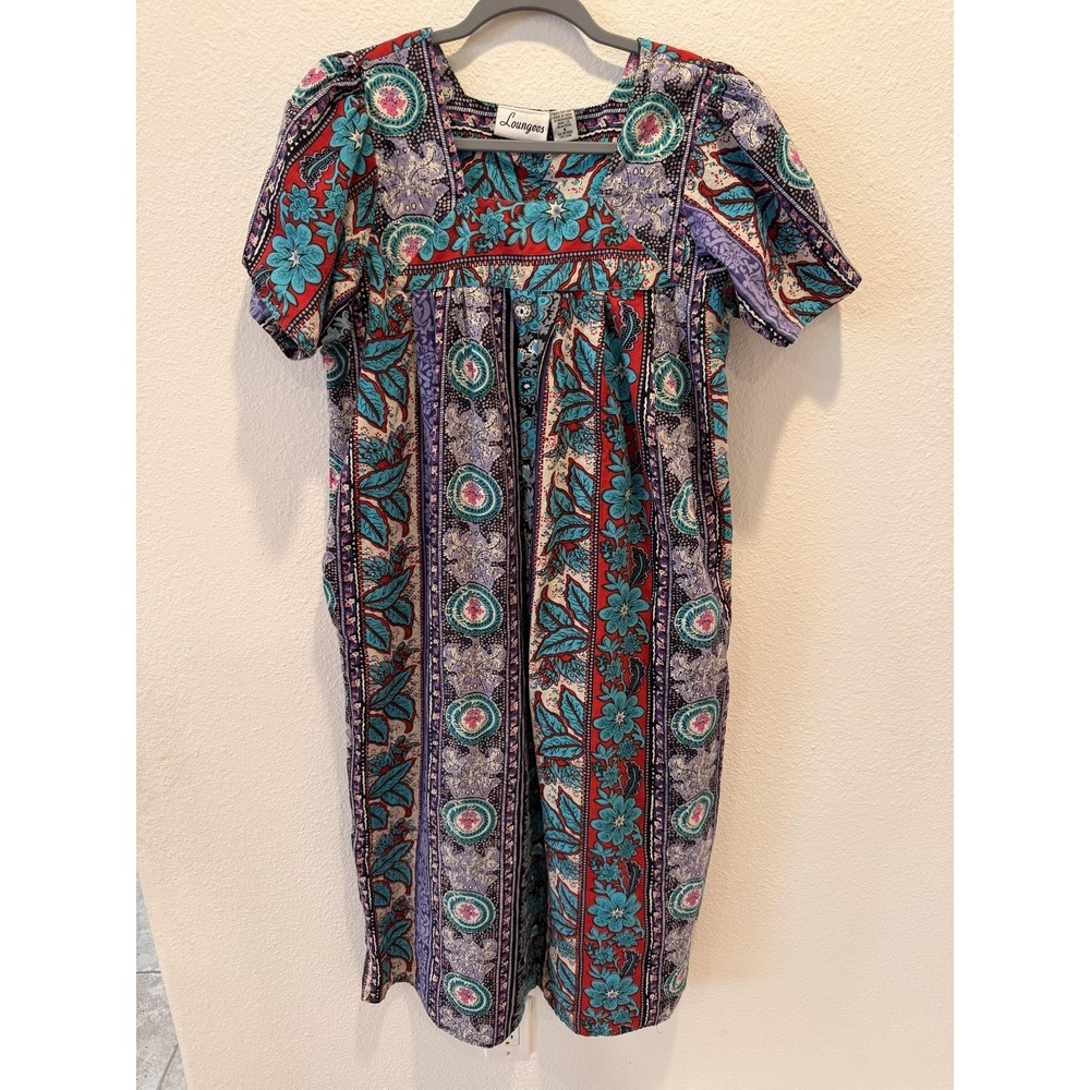Loungees Dress Womens Large Multicolor Floral Cotton Square Neck Midi Pockets